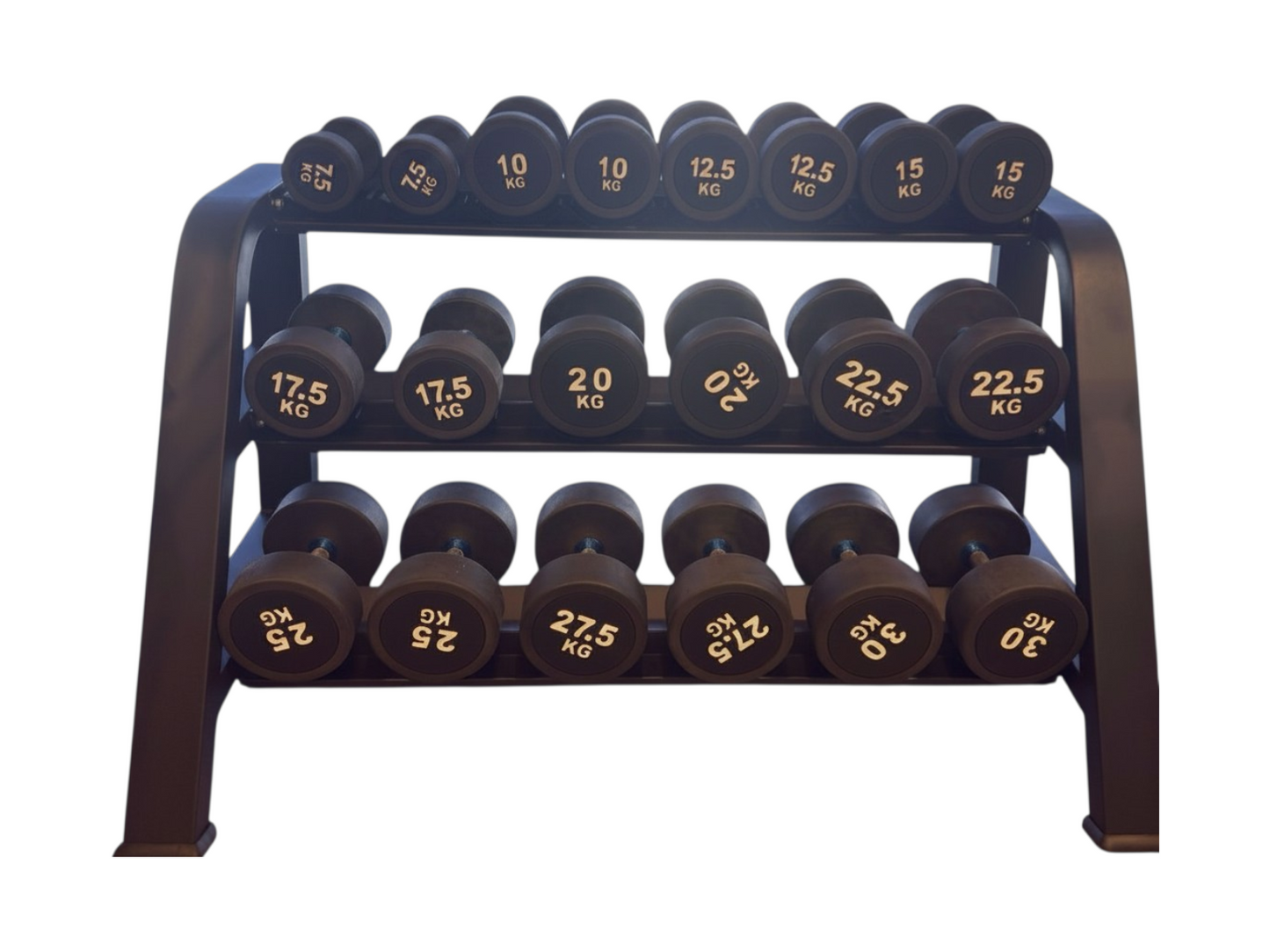 Commercial Rubber Dumbbell Set with 3-Tier Rack – 7.5kg to 30kg